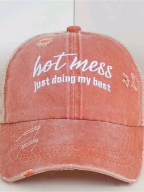 Hot Mess Embroidered Ponytail Baseball Cap - Coral